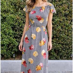 Vintage TMG Striped Floral Dress USA Made Midi Women’s Medium 80s